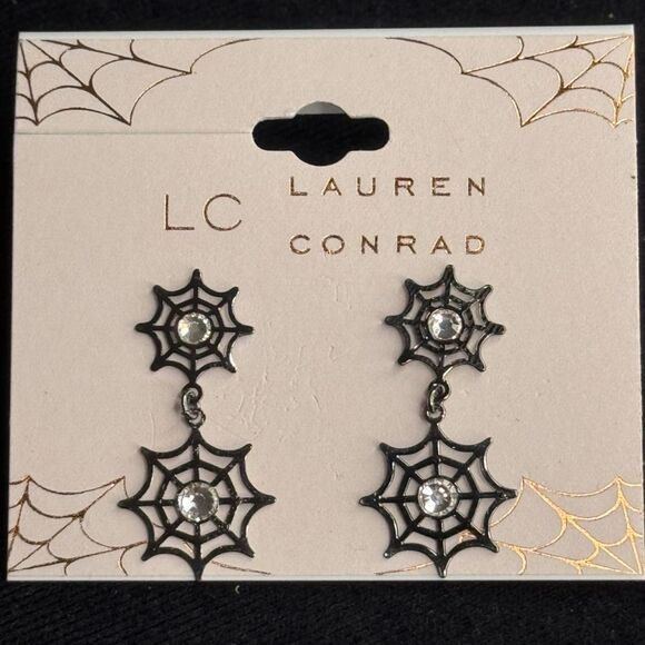 LC Lauren Conrad Black Sparkly Spiderweb Statement Earrings 1 inch - Picture 3 of 5
